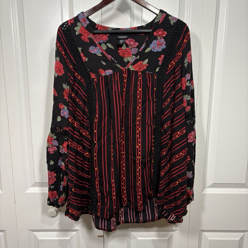 Torrid Floral Boho Top Womens 2 V Neck Long Sleeve Festival Hippie Cottagecore